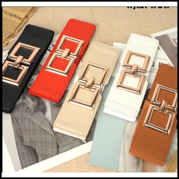 Vintage Wide Elastic Belt Gold Buckle Elegant Chic Stretchy Waist Belt